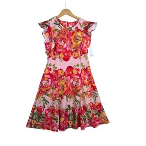 New Ali Ro Floral Ruffle Sleeve Fit & Flare Dress size 8 Pink/Red